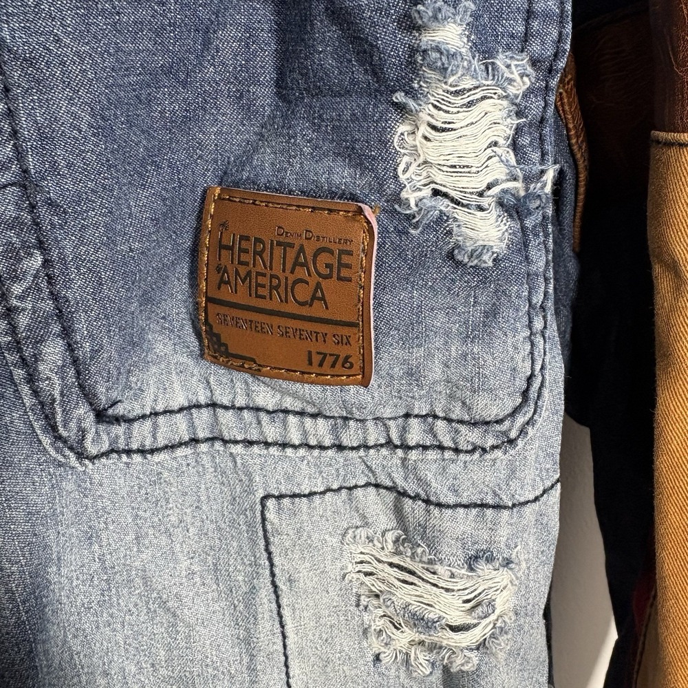 Heritage America Men 2XL Denim Jacket Grunge Flannel Patch Distressed Streetwear - Picture 6 of 15